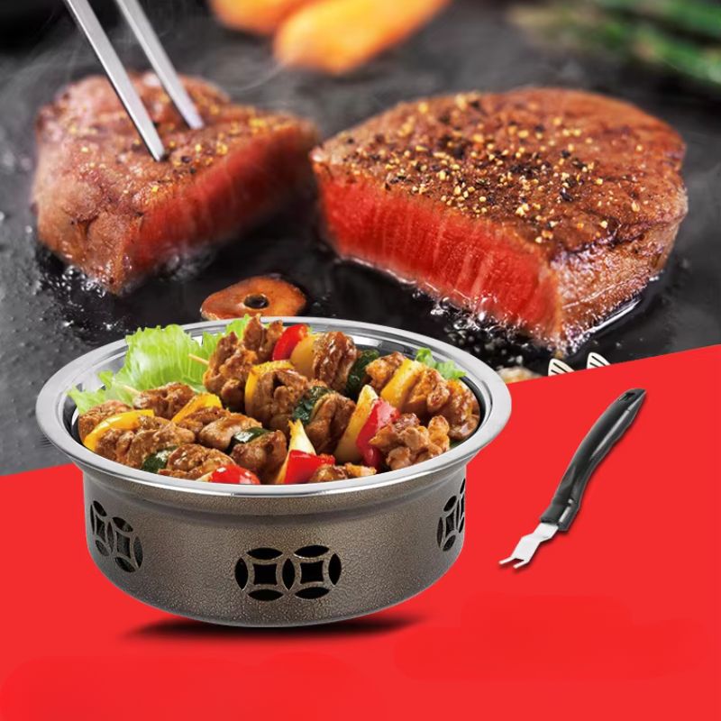 Grill Coréen Barbecue Traditionnel En Acier Inoxydable - Revêtement Anti-adhésif 3 Couches - Diamètre 38 Cm - Pour Intérieur/Extérieur