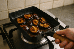 cuisson champignons shiitake dans une poele japonaise