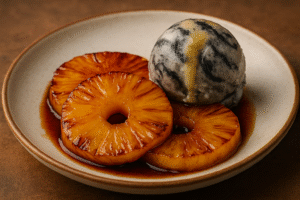 ananas caramélisé à la japonais avec glace sésame noir gelé de yuzu
