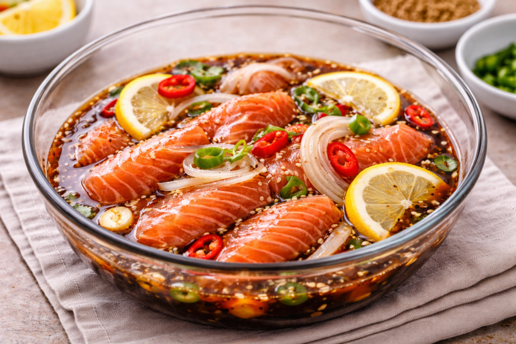 Yeoneojang-saumon-cru-mariné-à-la-sauce-soja