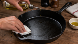 appliquer-une-fine-couche-d'huile-culottage-pôele-en-fonte