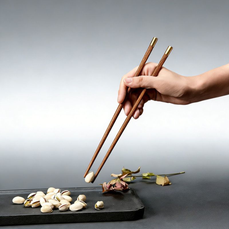 Main utilisant des baguettes japonaises en bois à embouts dorés pour saisir une pistache au-dessus d’un plateau noir.